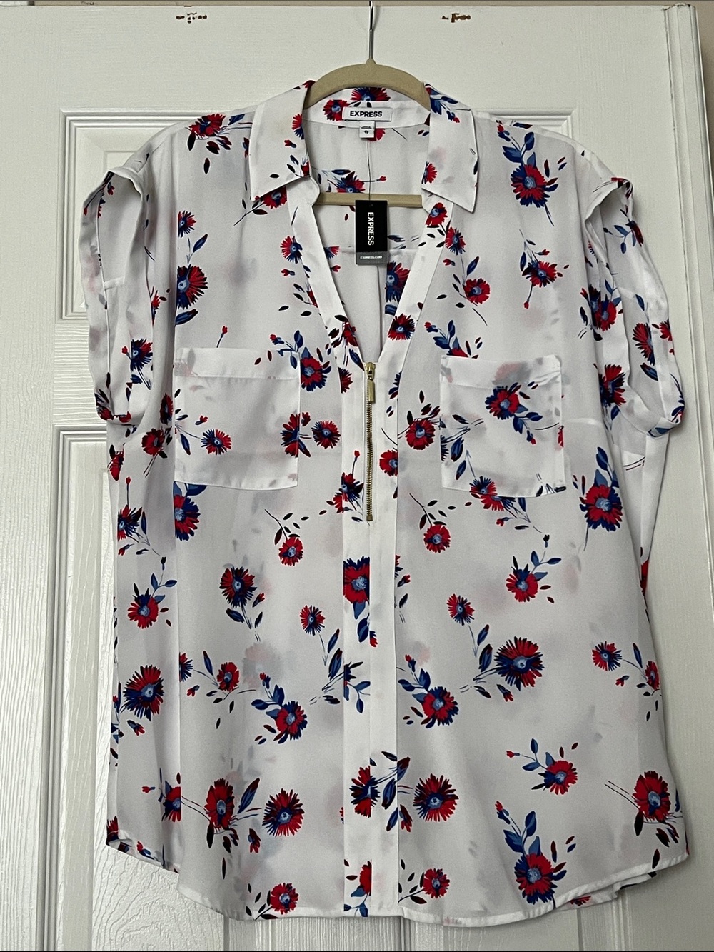 Express White Floral Blouse with Red & Blue Blossoms